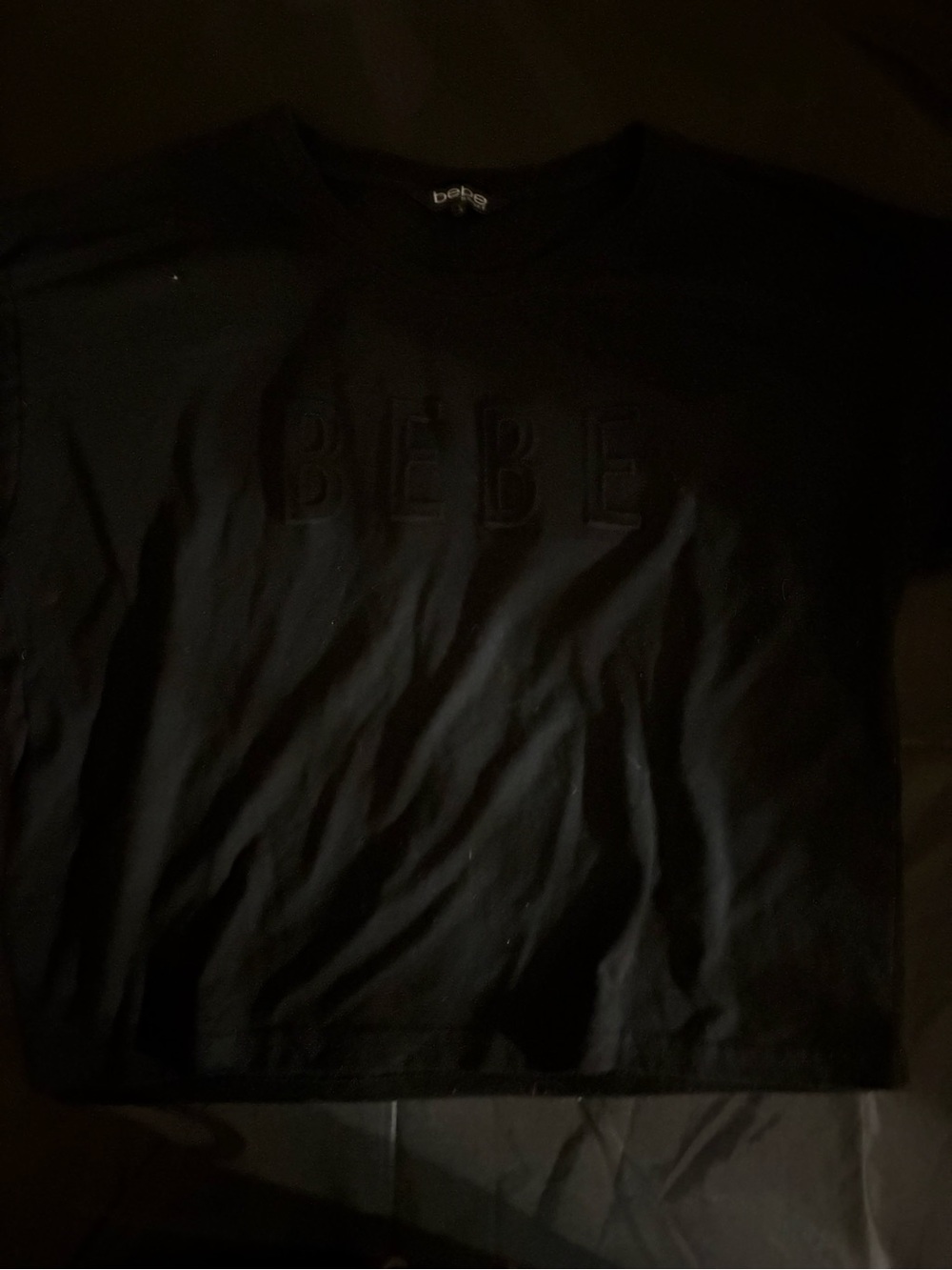 bebe Black Cropped Embossed Logo Tee